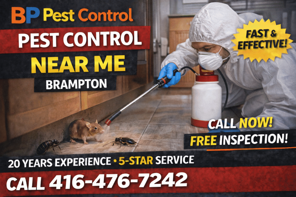 Pest control near me Brampton service by BP Pest Control showing technician applying pest treatment in residential property with phone number and 5-star rating.