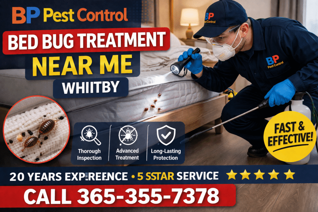 bed bug treatment near me Whitby technician inspecting mattress with flashlight and spraying bed bugs visible on bed surface