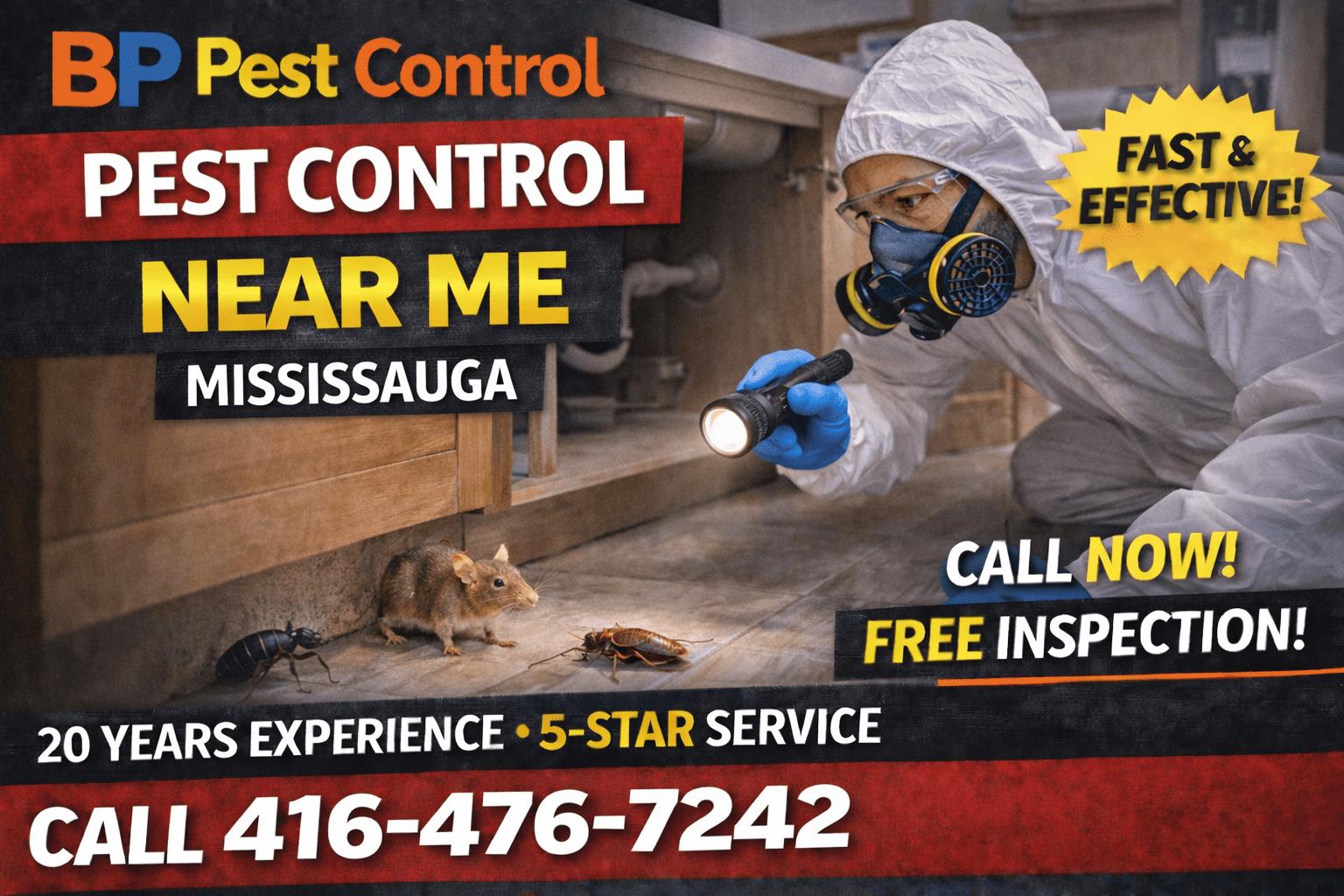 Pest control near me Mississauga service by BP Pest Control showing technician inspecting home for pests with phone number and 5-star service.