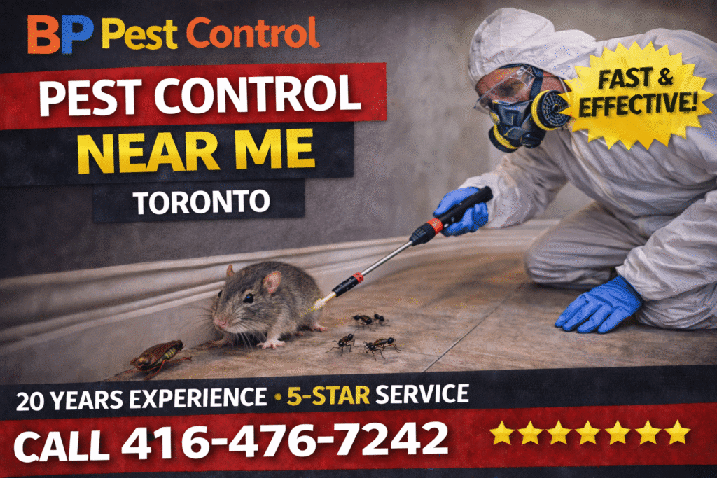 pest control near me Toronto technician in protective gear spraying indoor floor with rat, ants, and cockroach visible near wall