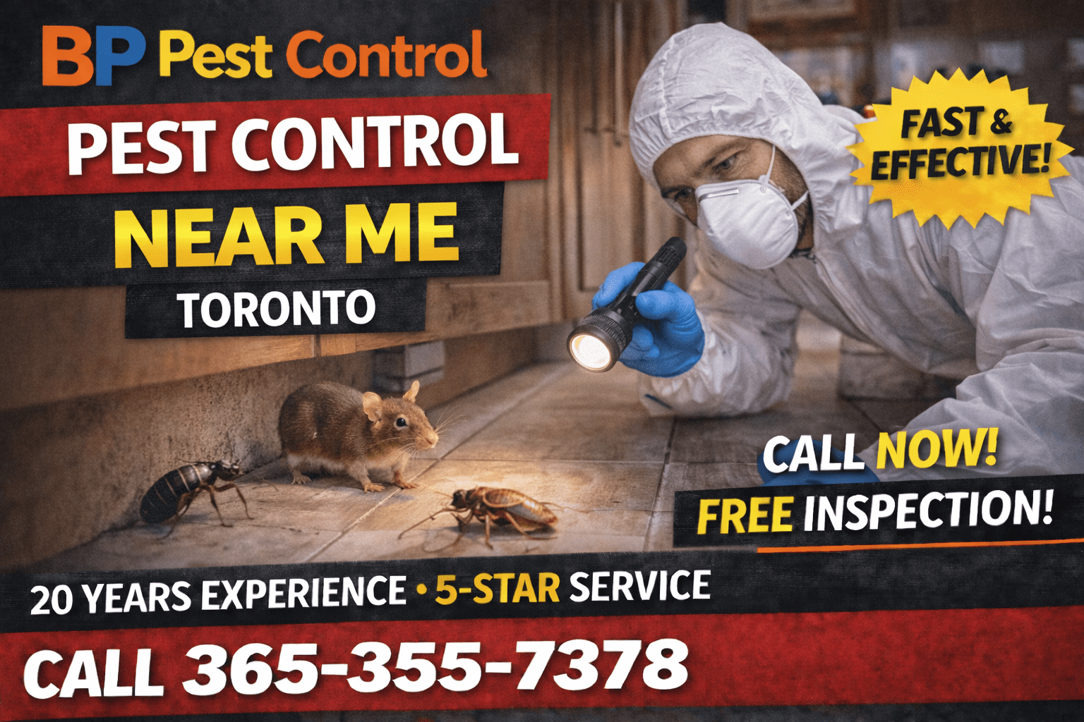 Pest control near me Toronto service by BP Pest Control showing technician treating home interior, phone number and 5-star rated service.