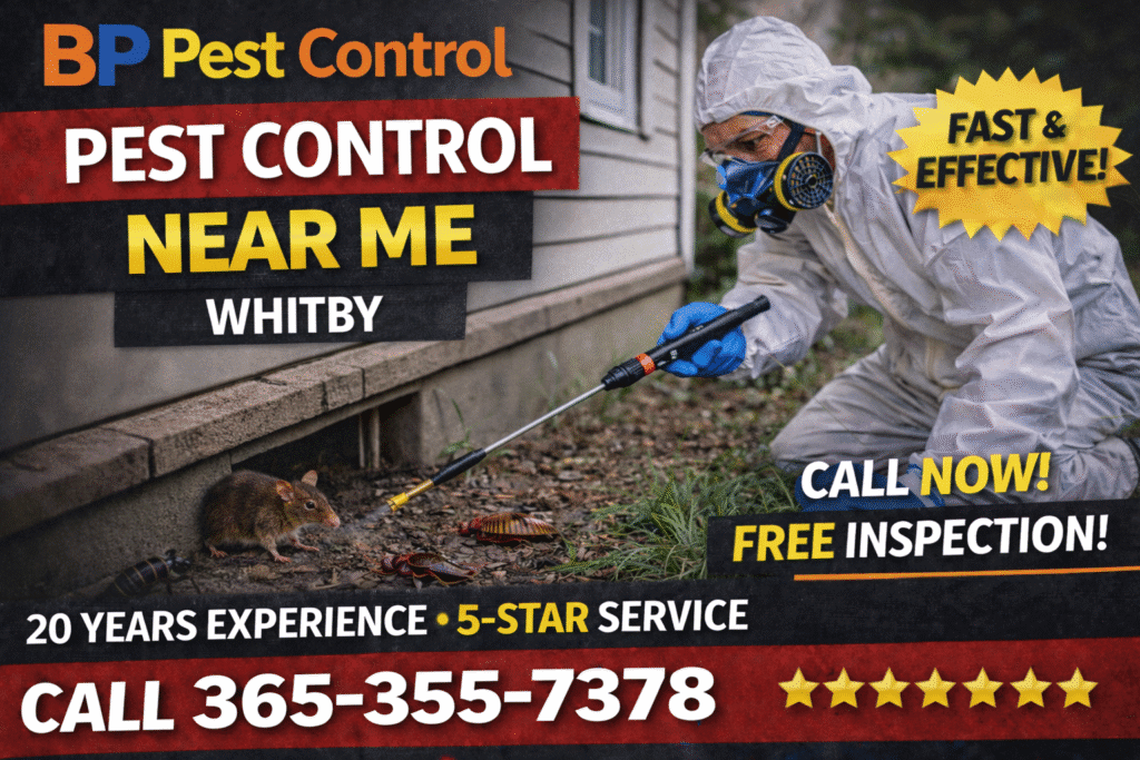 pest control near me Whitby technician in protective gear spraying home exterior with mouse and cockroaches visible near foundation