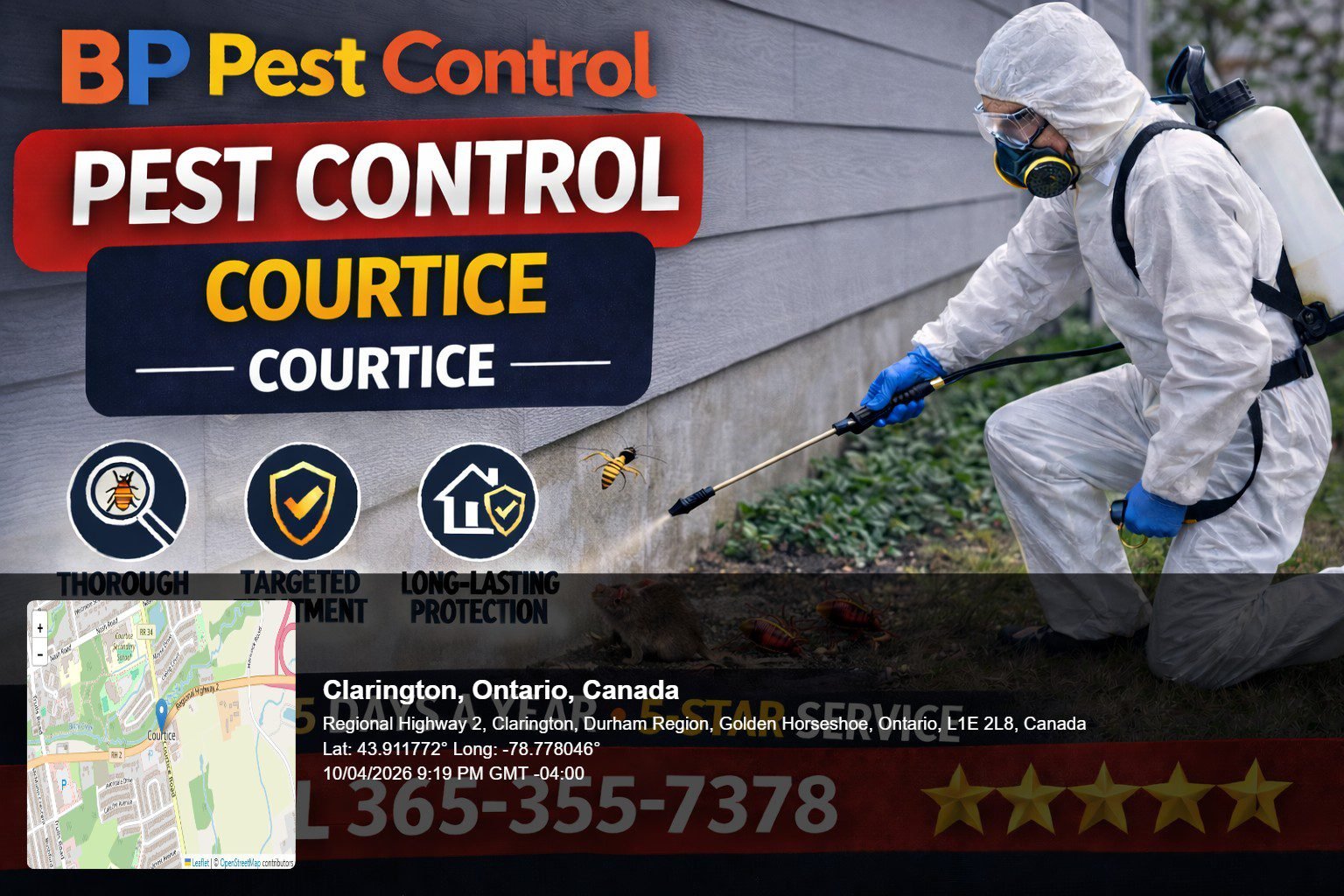 pest control near me Courtice technician spraying home exterior with rodent and insects visible near foundation