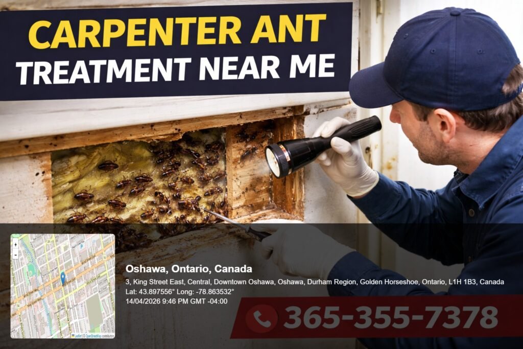 carpenter ant treatment near me technician inspecting damaged wood with carpenter ants visible inside wall