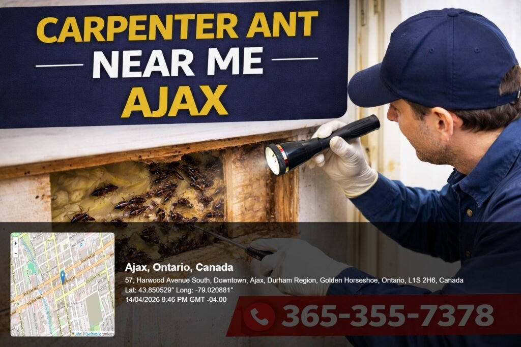 carpenter ant near me Ajax technician inspecting damaged wood with carpenter ants visible inside wall