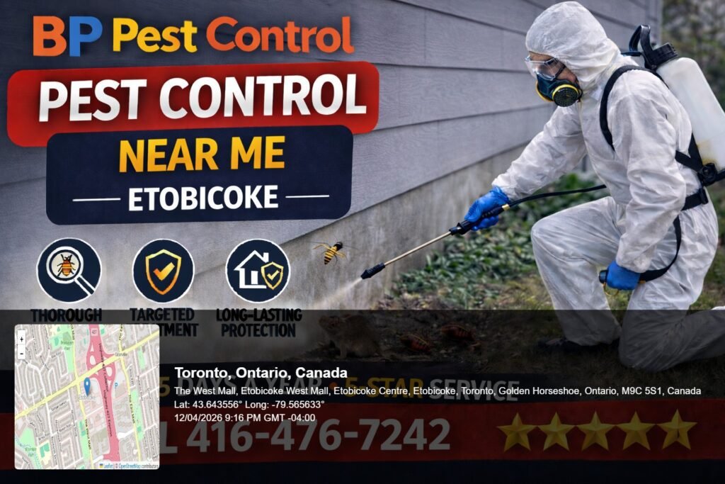 pest control near me Etobicoke technician spraying home exterior with rodent and insects visible near foundation