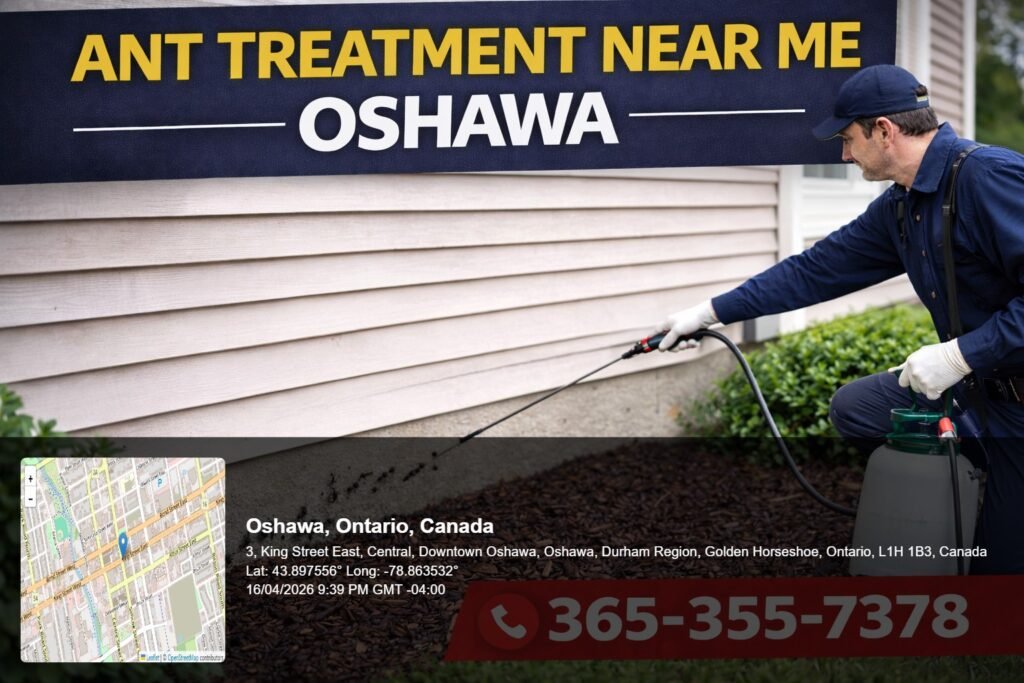 ant treatment near me Oshawa technician spraying home exterior with ants visible near foundation