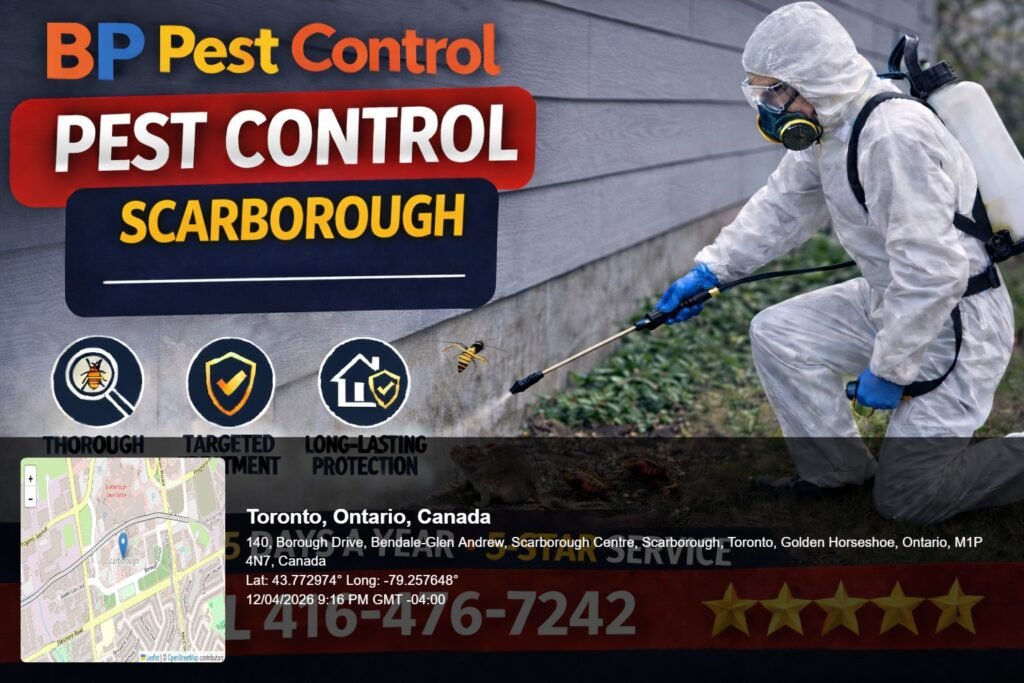 pest control near me Scarborough technician spraying home exterior with rodent and insects visible near foundation