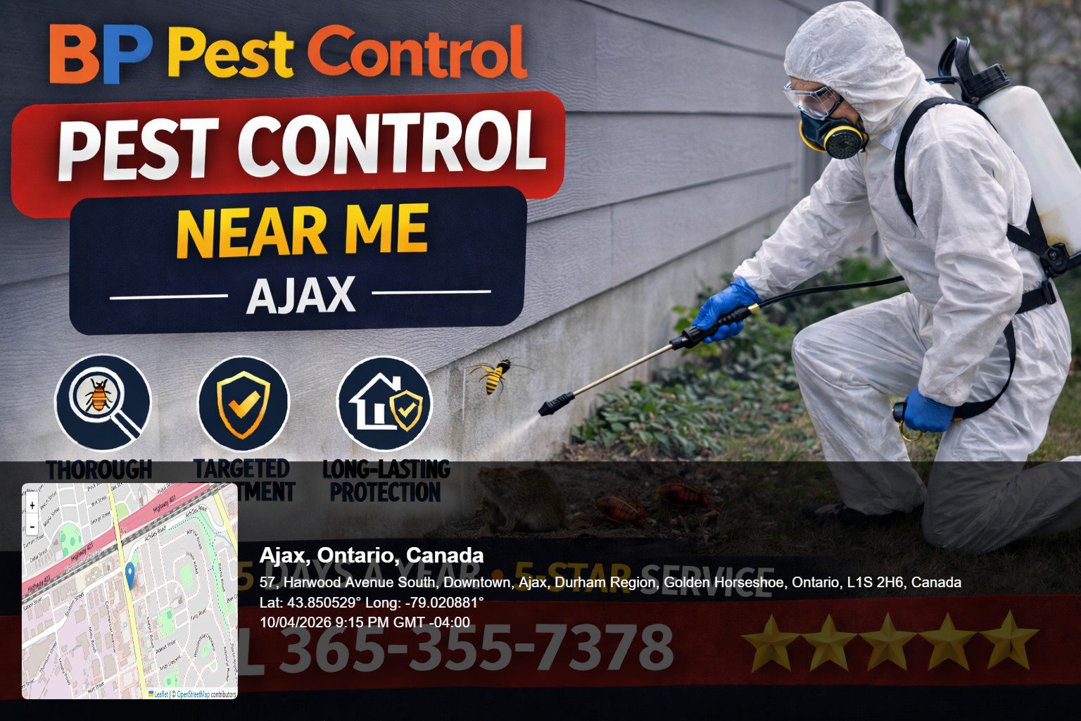 pest control near me Ajax technician spraying home exterior with rodent and insects visible near foundation