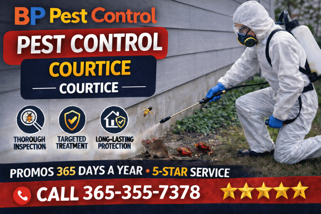 BP Pest Control technician performing professional pest control Courtice treatment outside a residential property with extermination equipment and service vehicle.
