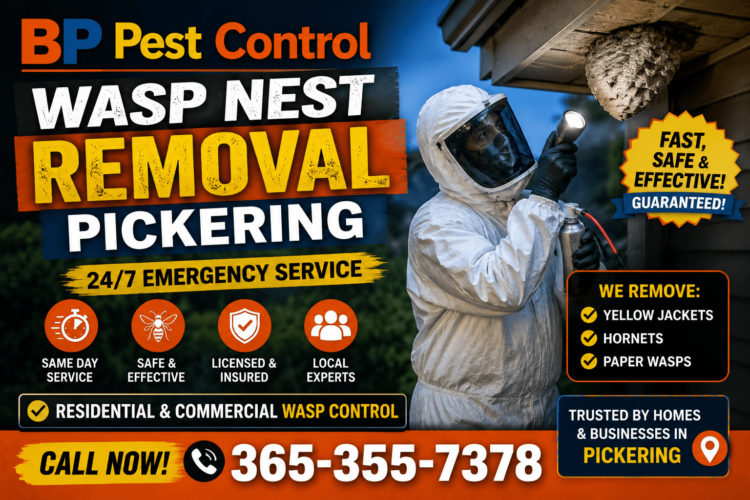 BP Pest Control technician providing 24/7 wasp nest removal services in Pickering.