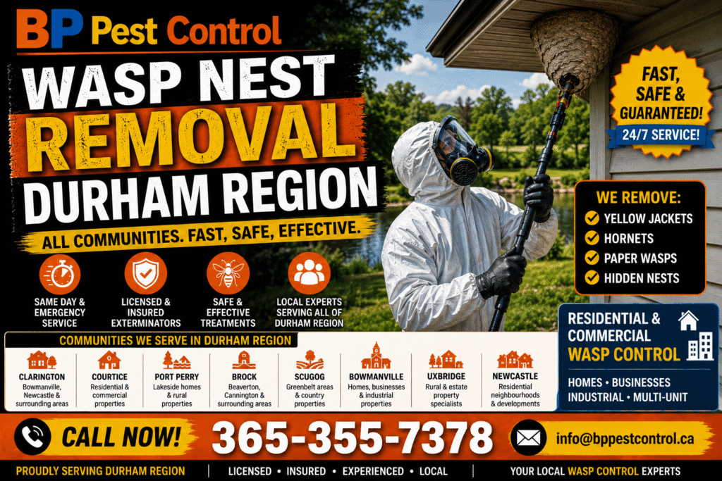 bp pest control licensed technician performing wasp nest removal Durham Region on a rural residential property in Clarington, Ontario.