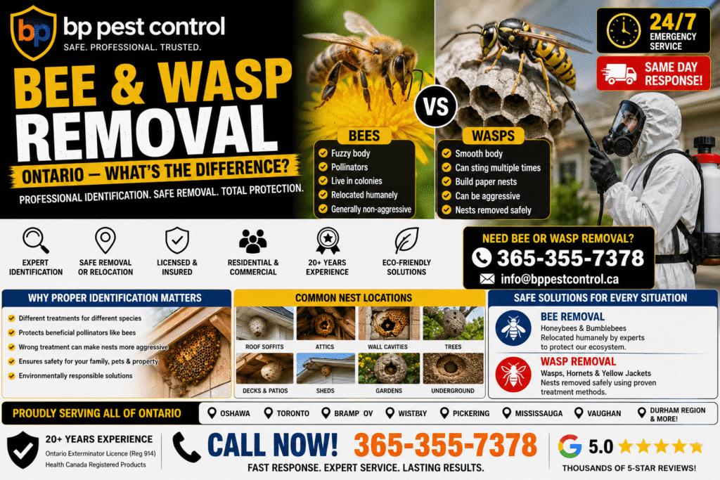 Bee and wasp removal Ontario service image showing professional exterminator treating a wasp nest while comparing bees and wasps.