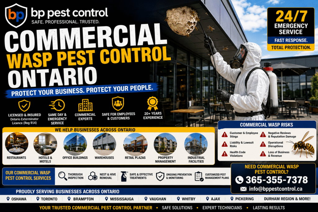Commercial wasp pest control Ontario service showing a licensed bp pest control exterminator removing an active wasp nest from a commercial property.
