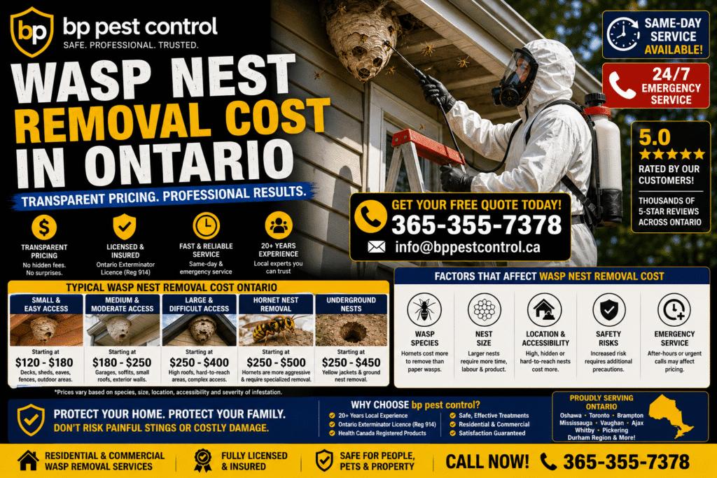 Licensed bp pest control exterminator removing a wasp nest from a residential property in Ontario while explaining wasp nest removal cost Ontario services.