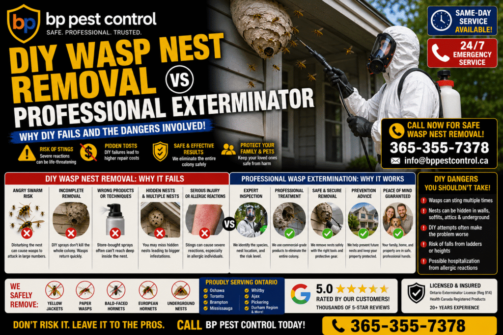 Professional bp pest control exterminator safely removing an aggressive wasp nest from a residential property in Ontario after a failed DIY wasp nest removal attempt.
