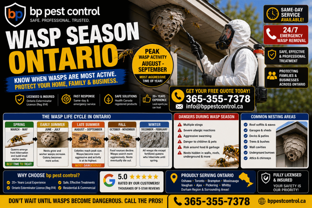 Professional bp pest control exterminator treating an active wasp nest during peak wasp season Ontario near a residential roof soffit.