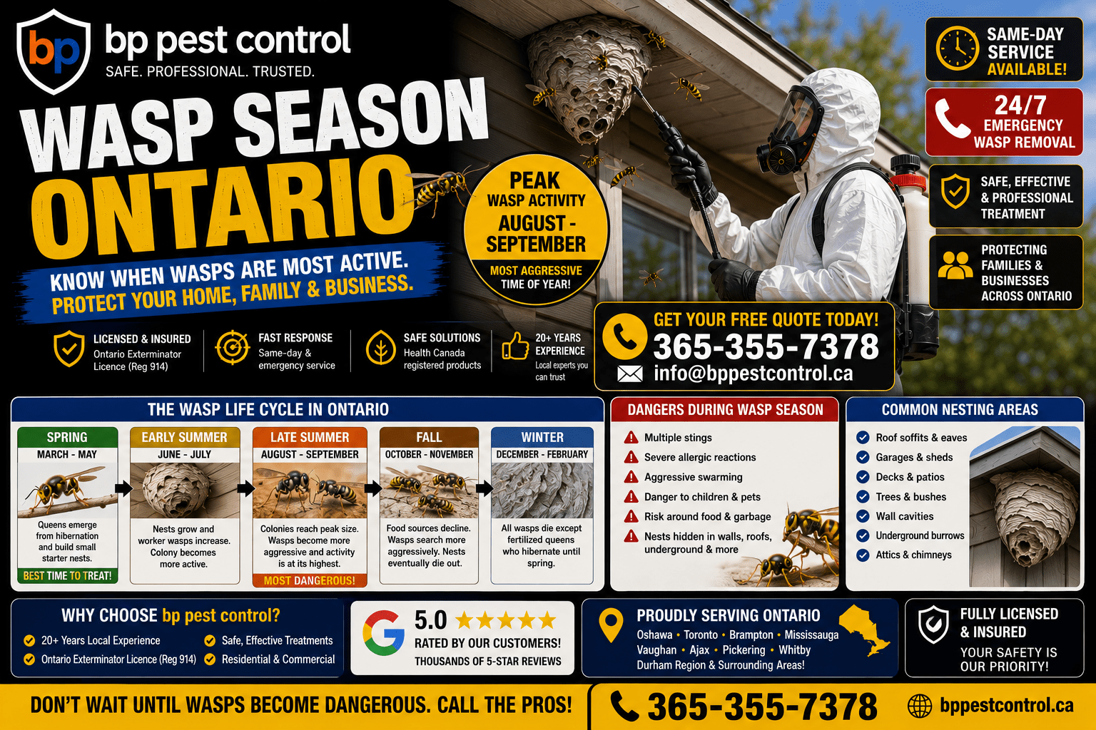 Professional bp pest control exterminator treating an active wasp nest during peak wasp season Ontario near a residential roof soffit.