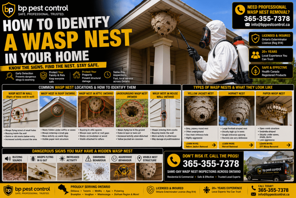 bp pest control technician demonstrating how to identify a wasp nest entrance in a residential roof soffit in Oshawa, Ontario.
