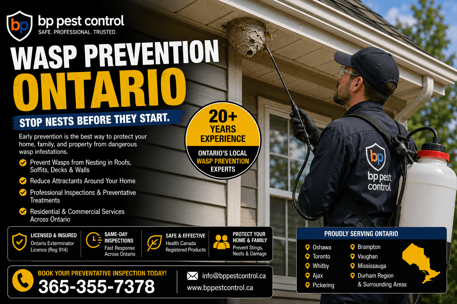 Professional bp pest control exterminator inspecting a residential roof soffit during a wasp prevention Ontario service.