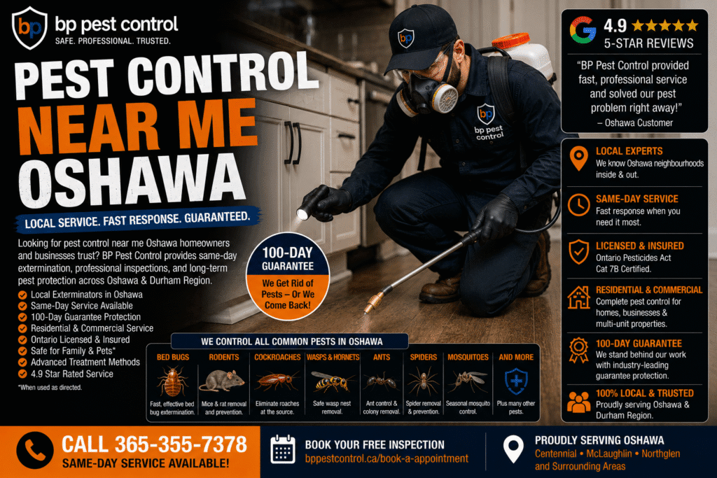 BP Pest Control technician providing professional pest control near me Oshawa service inside a residential property with inspection and extermination equipment. pest control near me oshawa