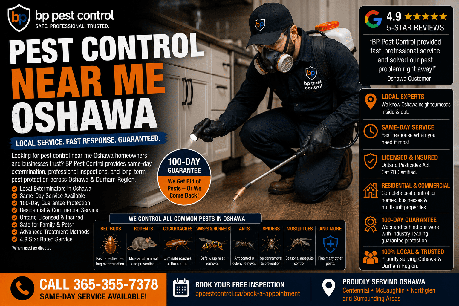 BP Pest Control technician providing professional pest control near me Oshawa service inside a residential property with inspection and extermination equipment. pest control near me oshawa