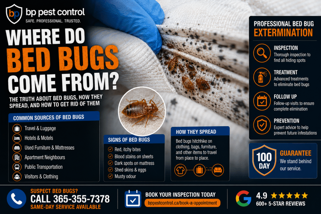 Close-up of bed bugs hiding inside a mattress seam during a professional bed bug inspection by BP Pest Control in Ontario.