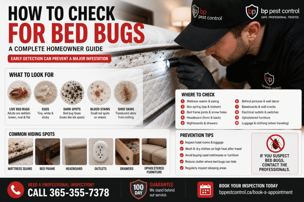 Professional BP Pest Control technician inspecting a mattress seam on how to check on bed bugs using a flashlight during a bed bug inspection in Ontario.