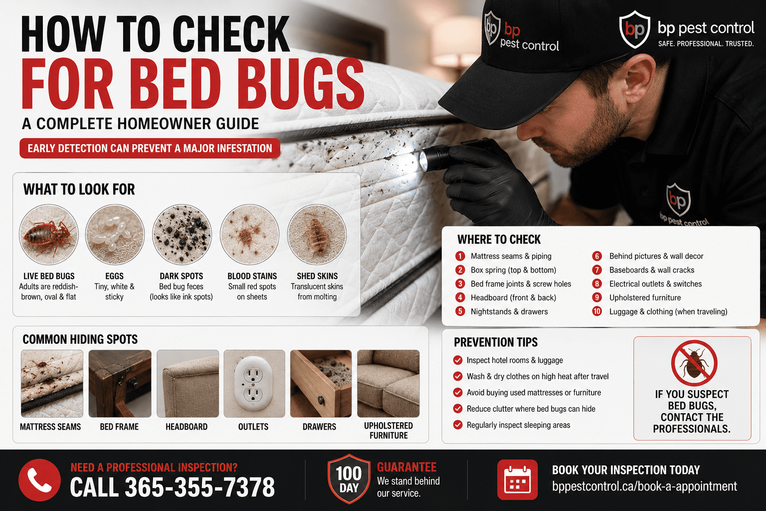 Professional BP Pest Control technician inspecting a mattress seam on how to check on bed bugs using a flashlight during a bed bug inspection in Ontario.