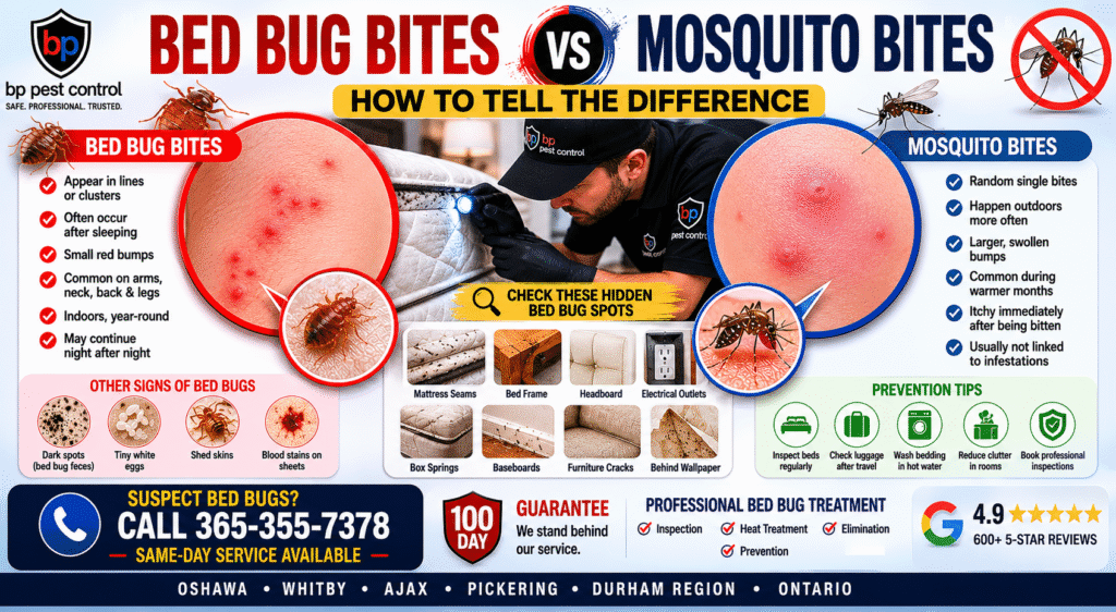 Comparison of bed bug bites vs mosquito bites on human skin with a professional BP Pest Control technician inspecting a mattress in the background.