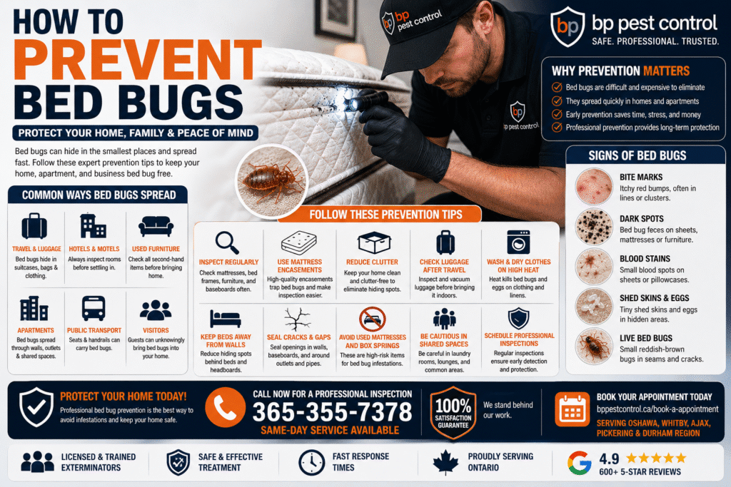 Professional BP Pest Control technician inspecting a mattress and applying preventative bed bug treatment inside an Ontario home.