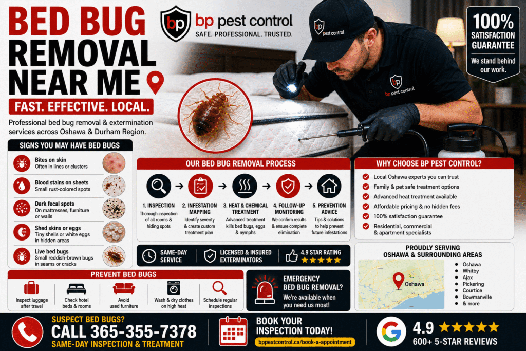Professional bed bug removal near me service by BP Pest Control technician inspecting and treating a mattress for bed bugs inside an Ontario home.