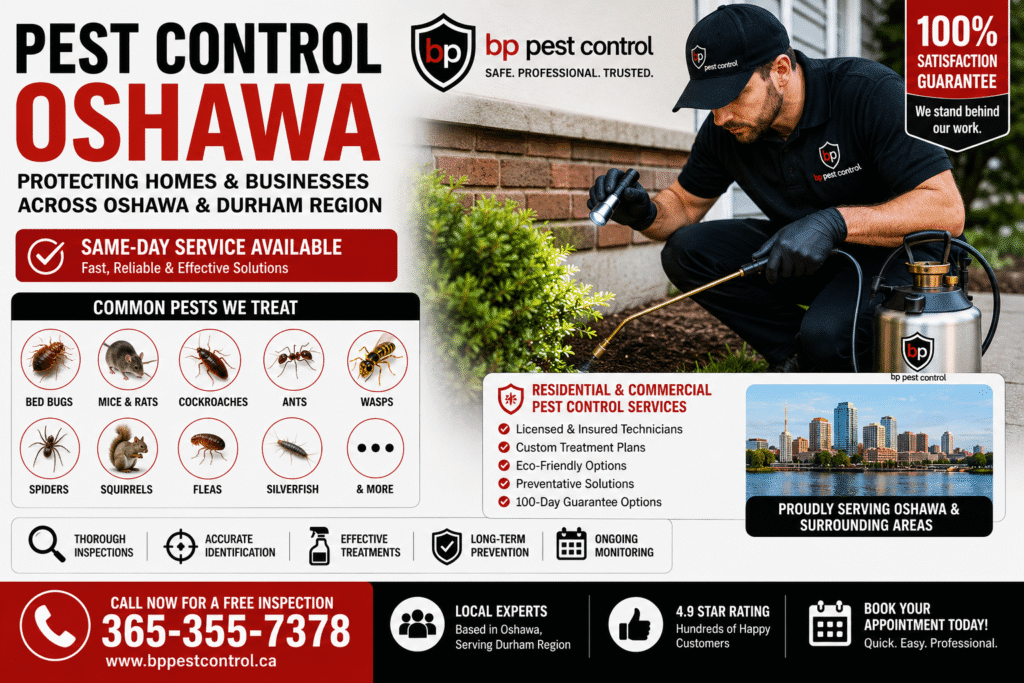BP Pest Control technician providing professional pest control Oshawa services at a residential property in Oshawa Ontario.
