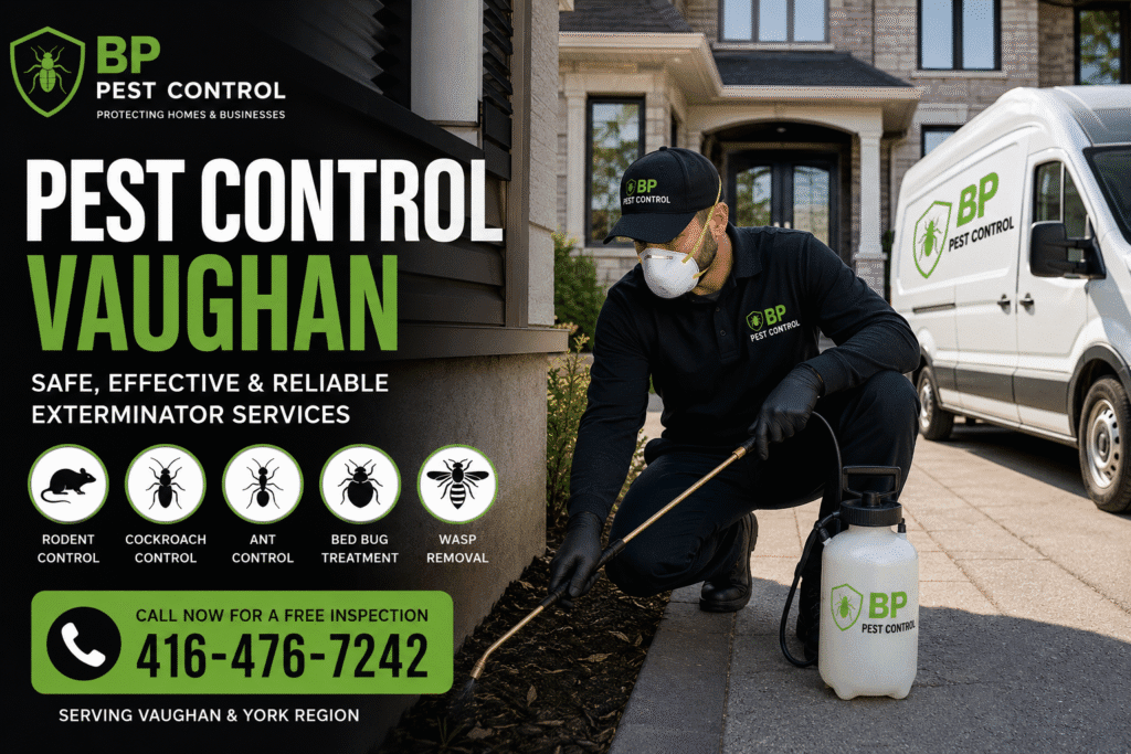 Pest Control Vaughan technician performing professional pest inspection and extermination services at a residential property in Vaughan Ontario.