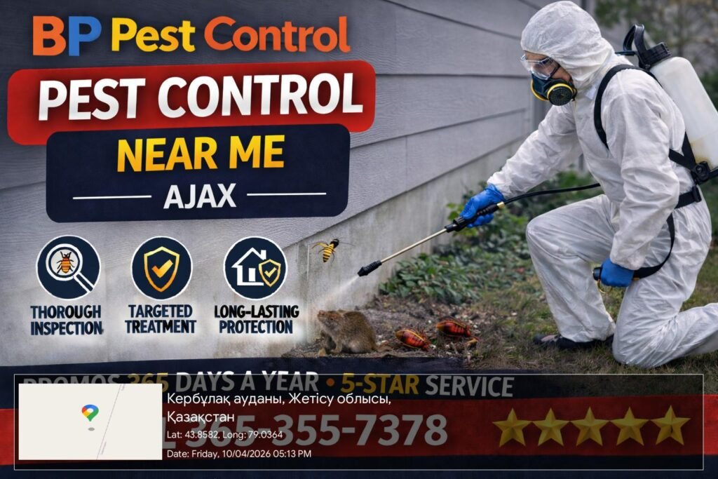BP Pest Control technician performing professional pest control Ajax treatment outside a residential property with extermination equipment and service vehicle.