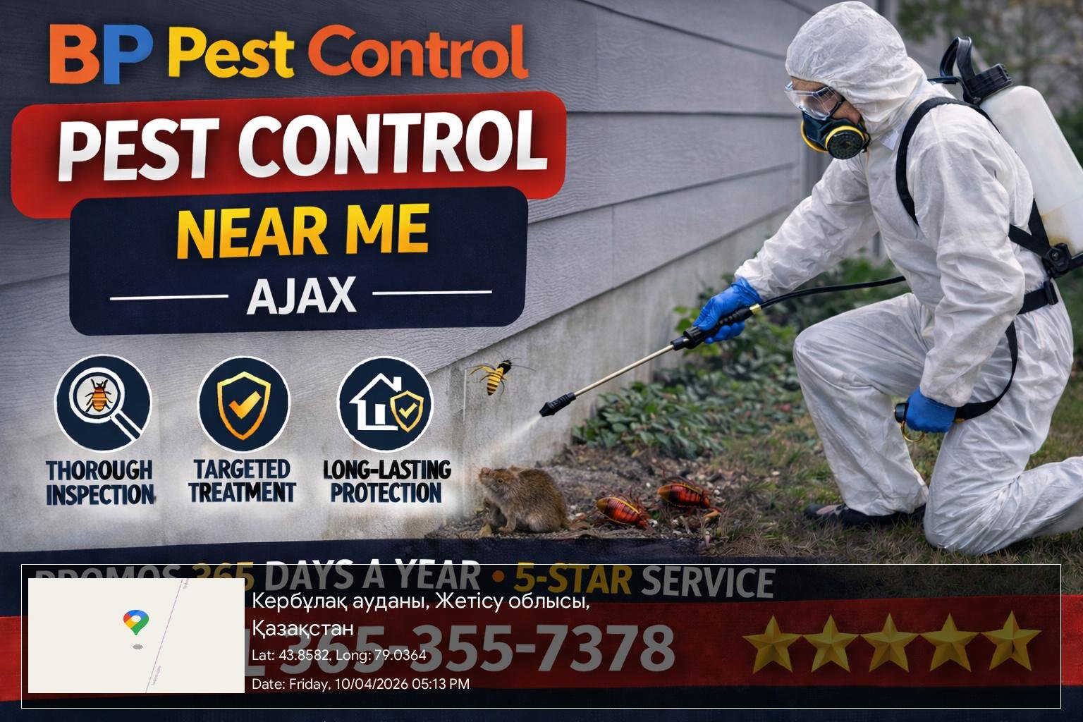 BP Pest Control technician performing professional pest control Ajax treatment outside a residential property with extermination equipment and service vehicle.