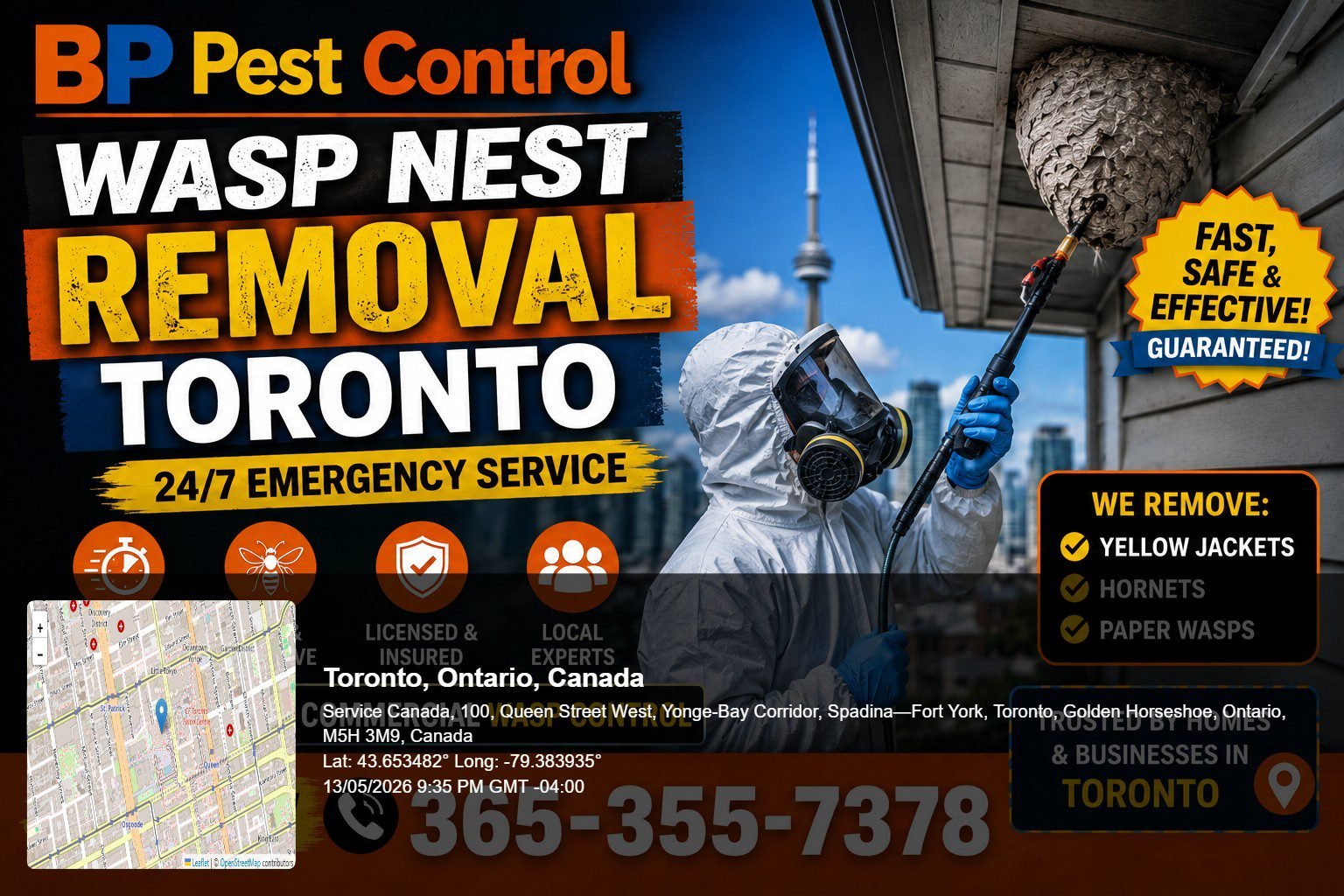 bp pest control licensed technician performing wasp nest removal Toronto on a residential soffit in East York, Ontario
