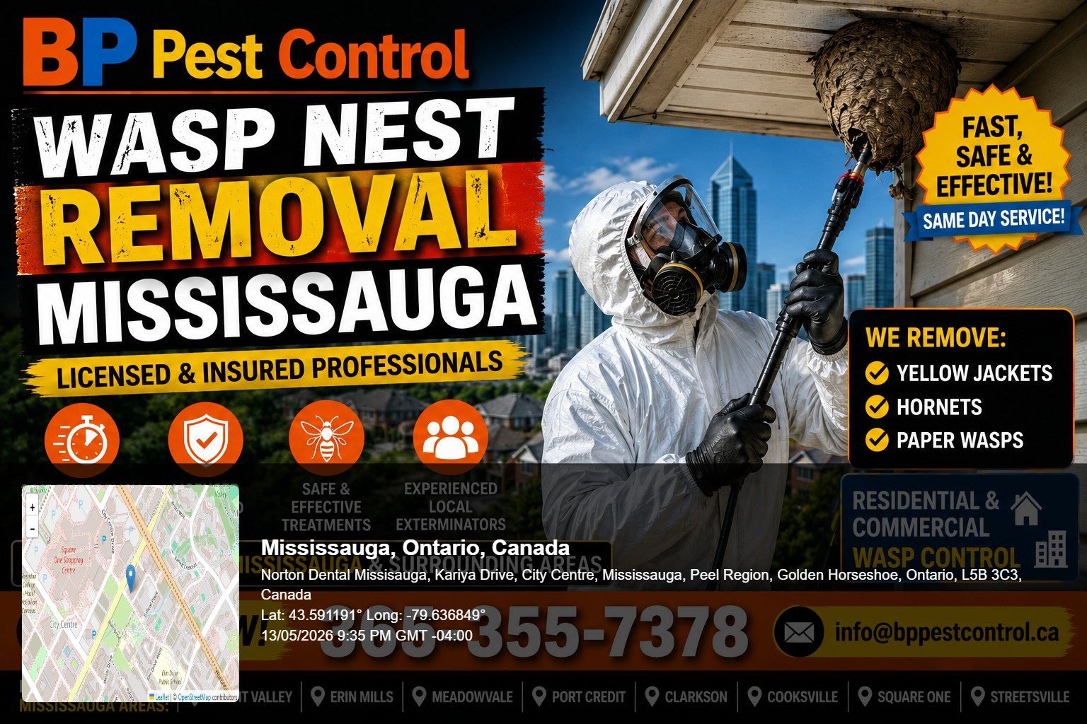 bp pest control licensed technician completing wasp nest removal Mississauga on a residential soffit in Erin Mills, Ontario.