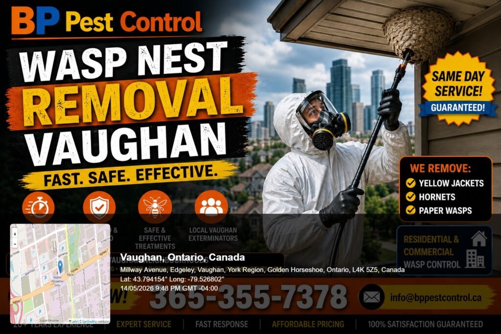 bp pest control licensed technician completing wasp nest removal Vaughan on a residential soffit in Woodbridge, Ontario.