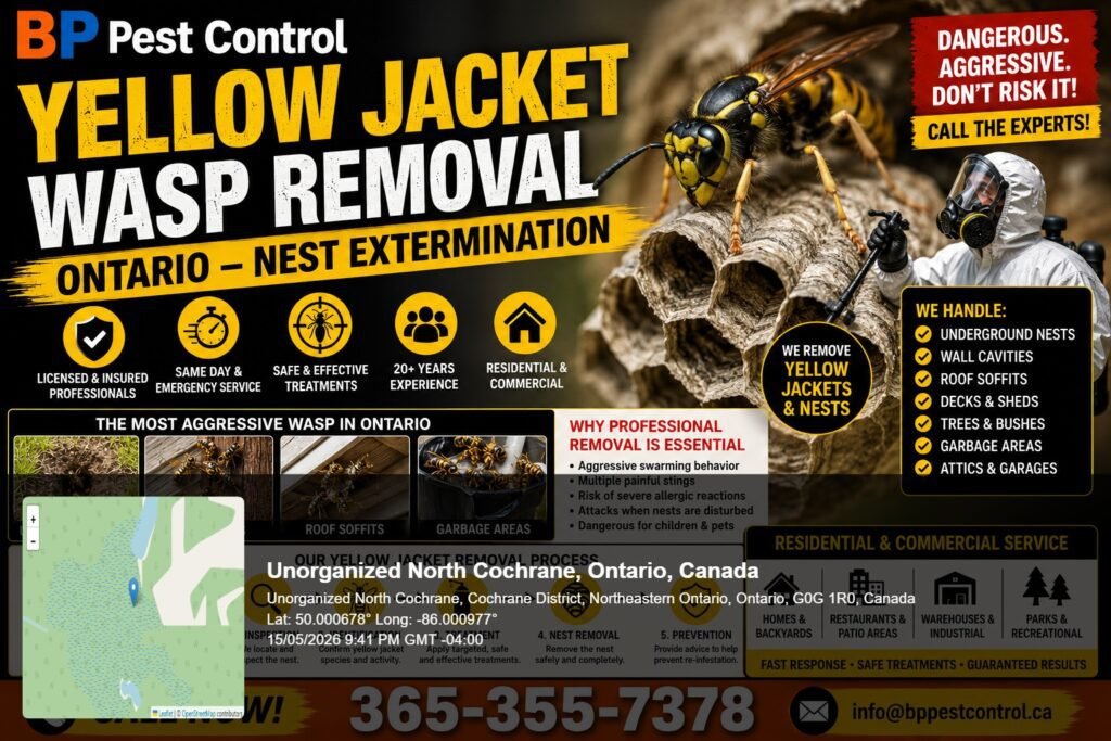 bp pest control licensed technician performing yellow jacket removal Ontario treating an underground wasp nest in a residential lawn in Oshawa.