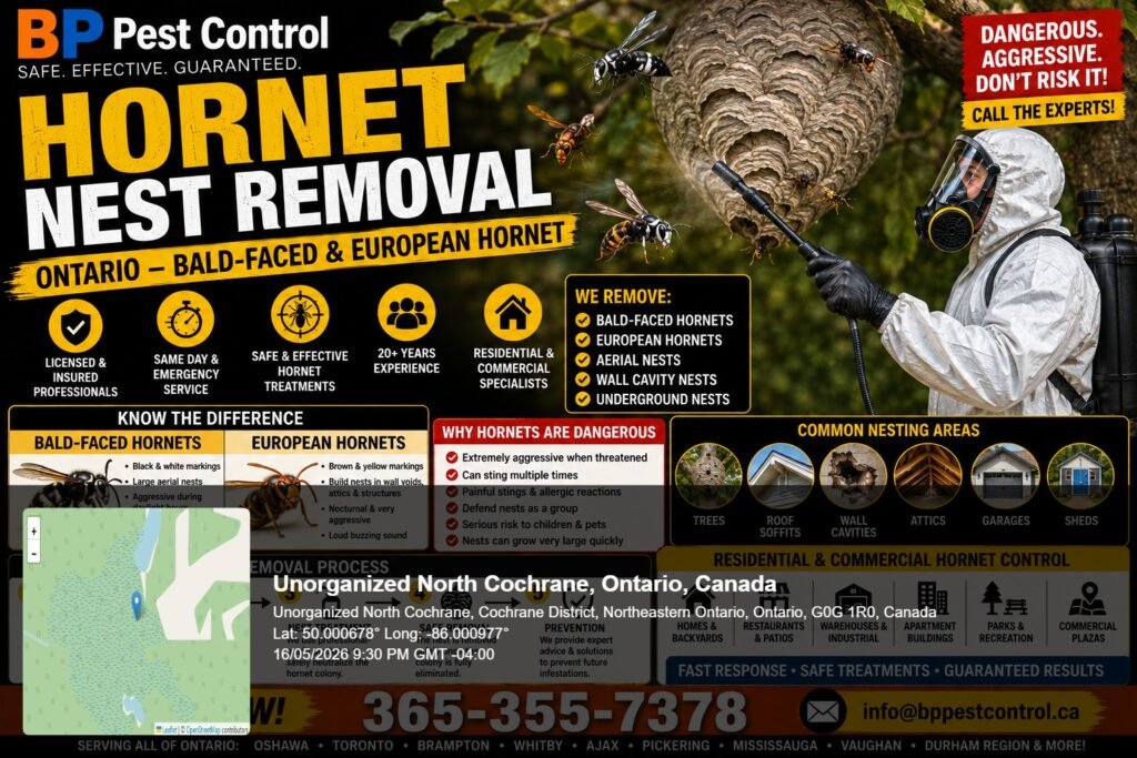 bp pest control licensed technician performing hornet nest removal on a large bald-faced hornet aerial nest in a residential tree in Oshawa, Ontario.