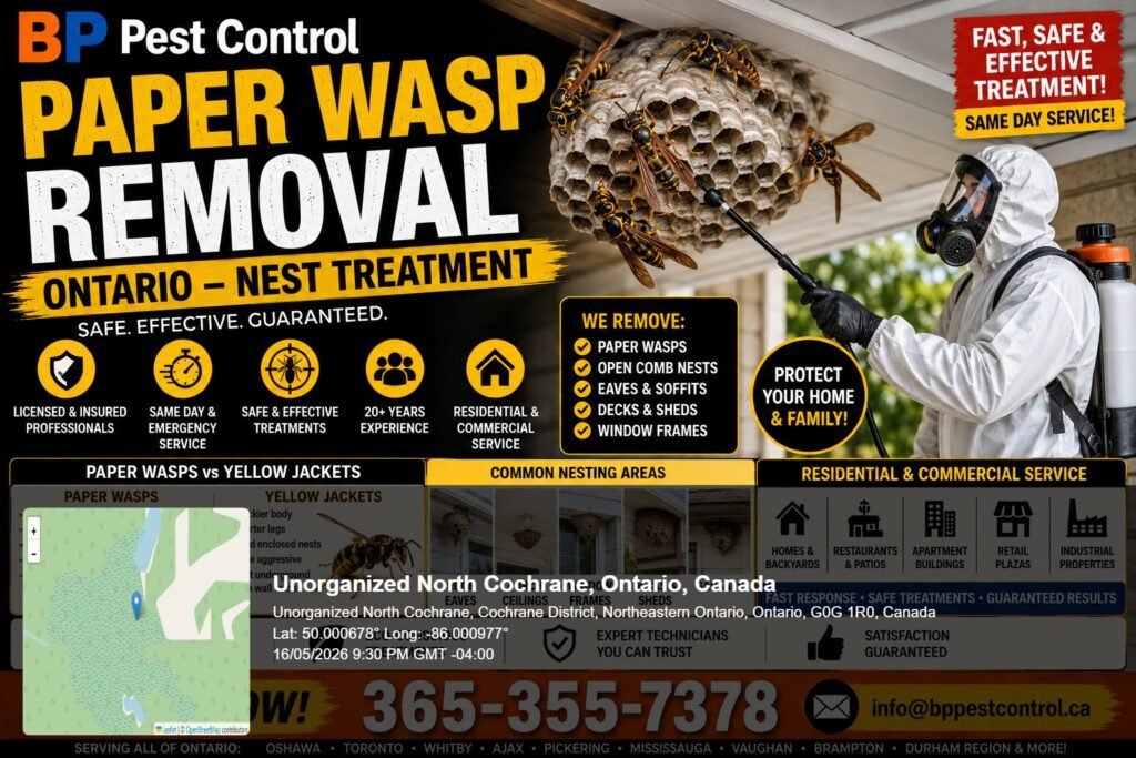 bp pest control licensed technician performing paper wasp removal on an open-comb nest under a residential roof eave in Oshawa, Ontario.