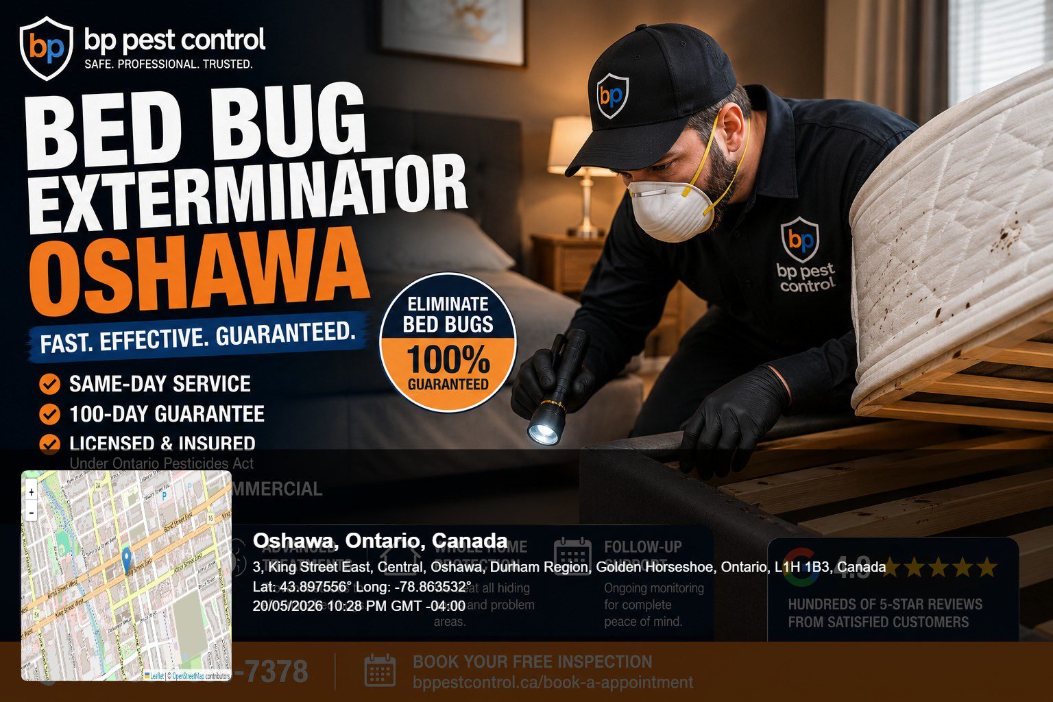 BP Pest Control technician performing professional bed bug exterminator Oshawa treatment inside a residential bedroom.