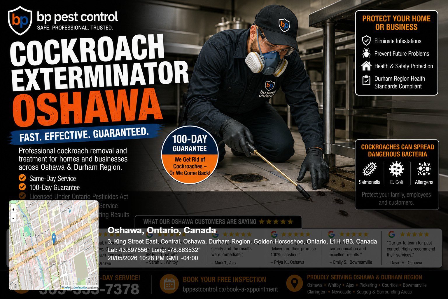 BP Pest Control technician performing professional cockroach exterminator Oshawa treatment inside a commercial kitchen in Oshawa Ontario.