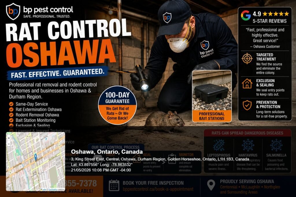 BP Pest Control technician performing professional rat control Oshawa treatment and rodent exclusion service near a residential basement and exterior bait station.