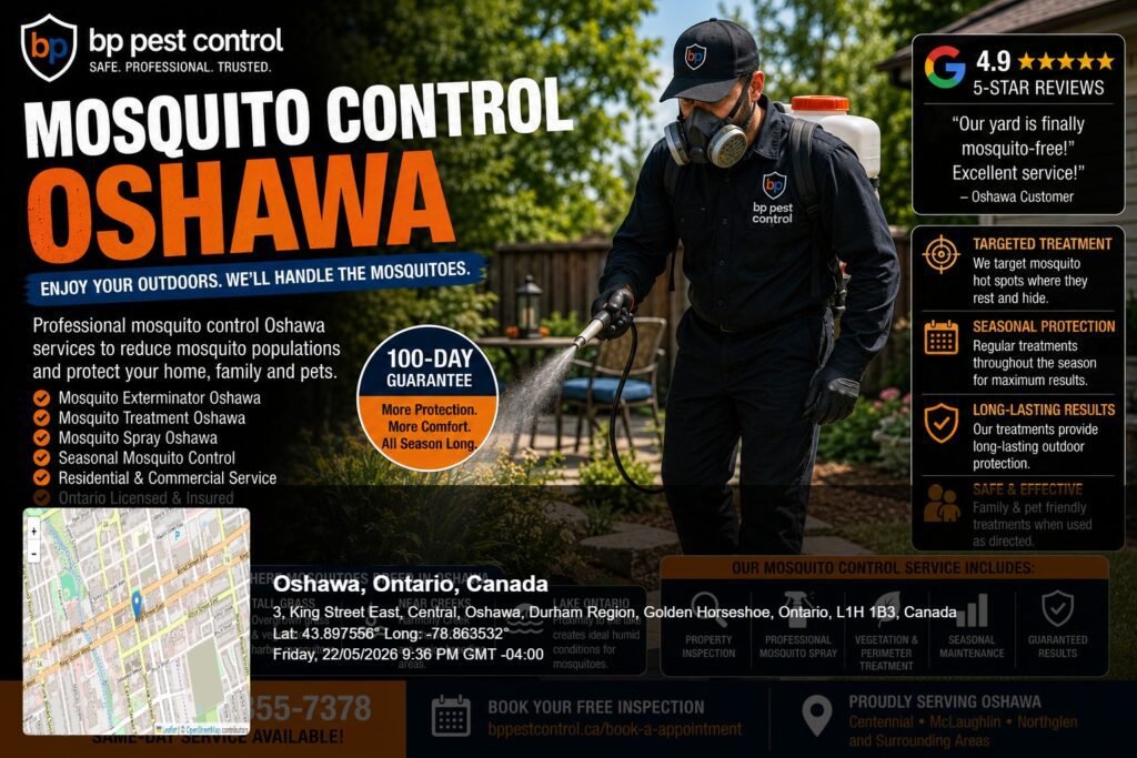 BP Pest Control technician performing professional mosquito control Oshawa treatment with outdoor mosquito spray service near a backyard and wooded area.