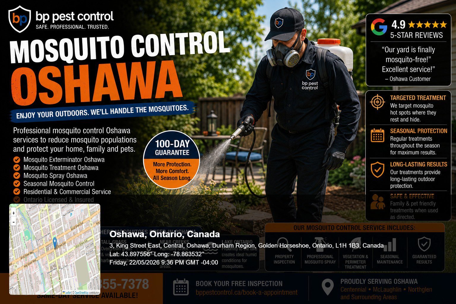 BP Pest Control technician performing professional mosquito control Oshawa treatment with outdoor mosquito spray service near a backyard and wooded area.