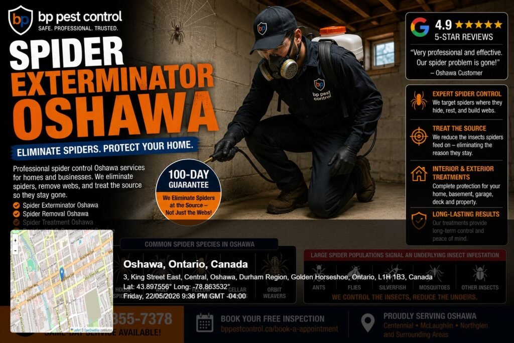 BP Pest Control technician performing professional spider exterminator Oshawa treatment inside a residential basement with visible spider web removal service.