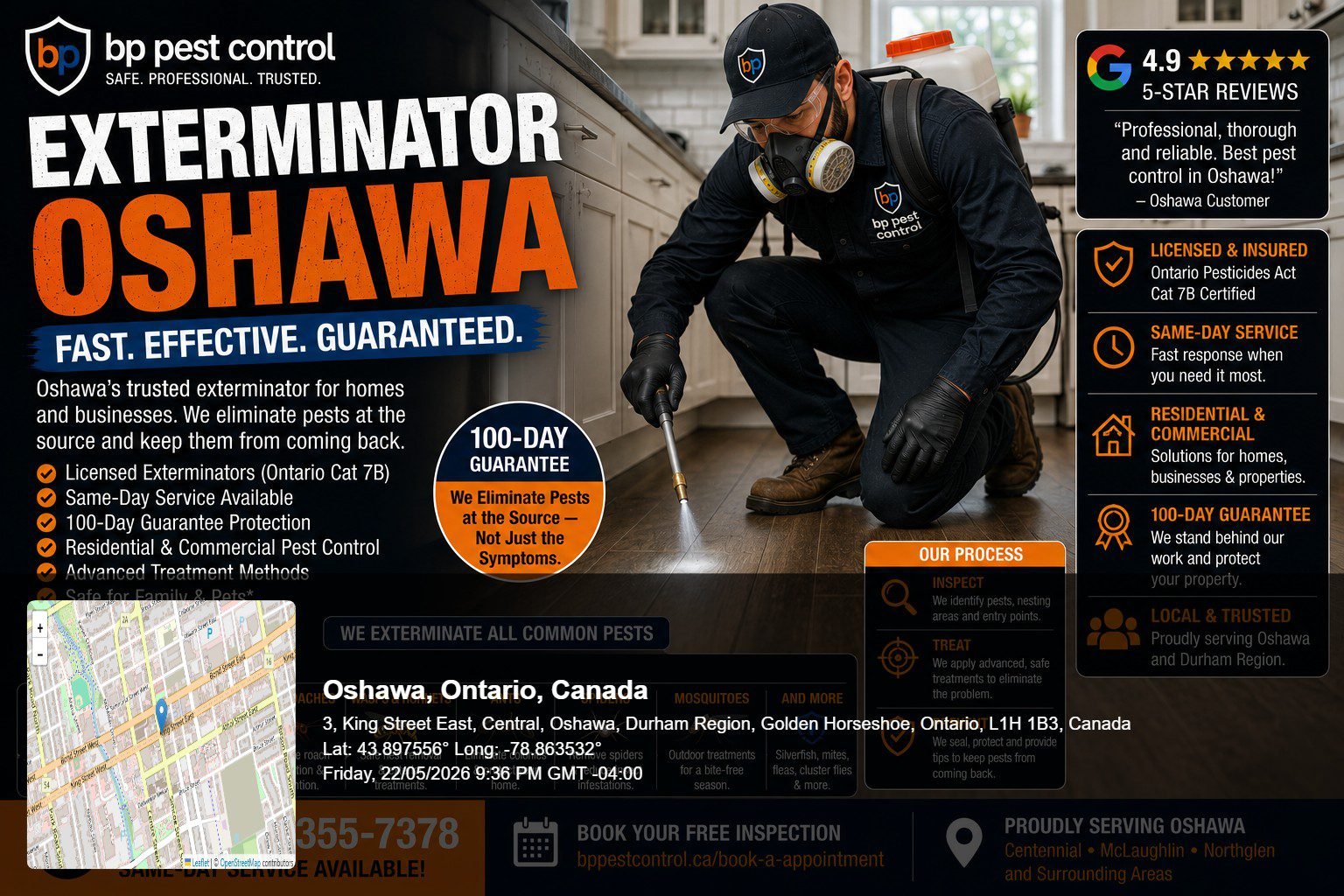 BP Pest Control licensed exterminator oshawa performing professional pest control treatment inside an Oshawa exterminator residential property with inspection equipment and safety gear.