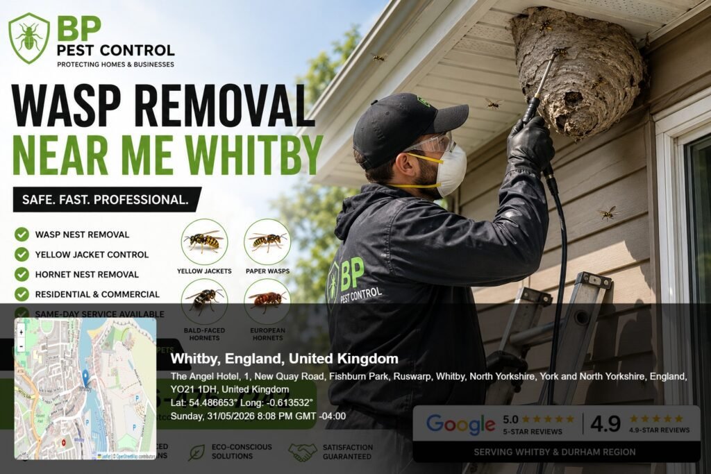 Wasp removal near me Whitby technician safely removing a large wasp nest from a residential property in Whitby Ontario.
